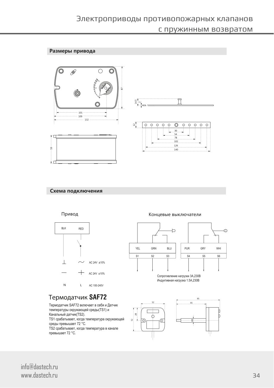 Размеры и схема подключения электропривода Dastech FR-03N24S