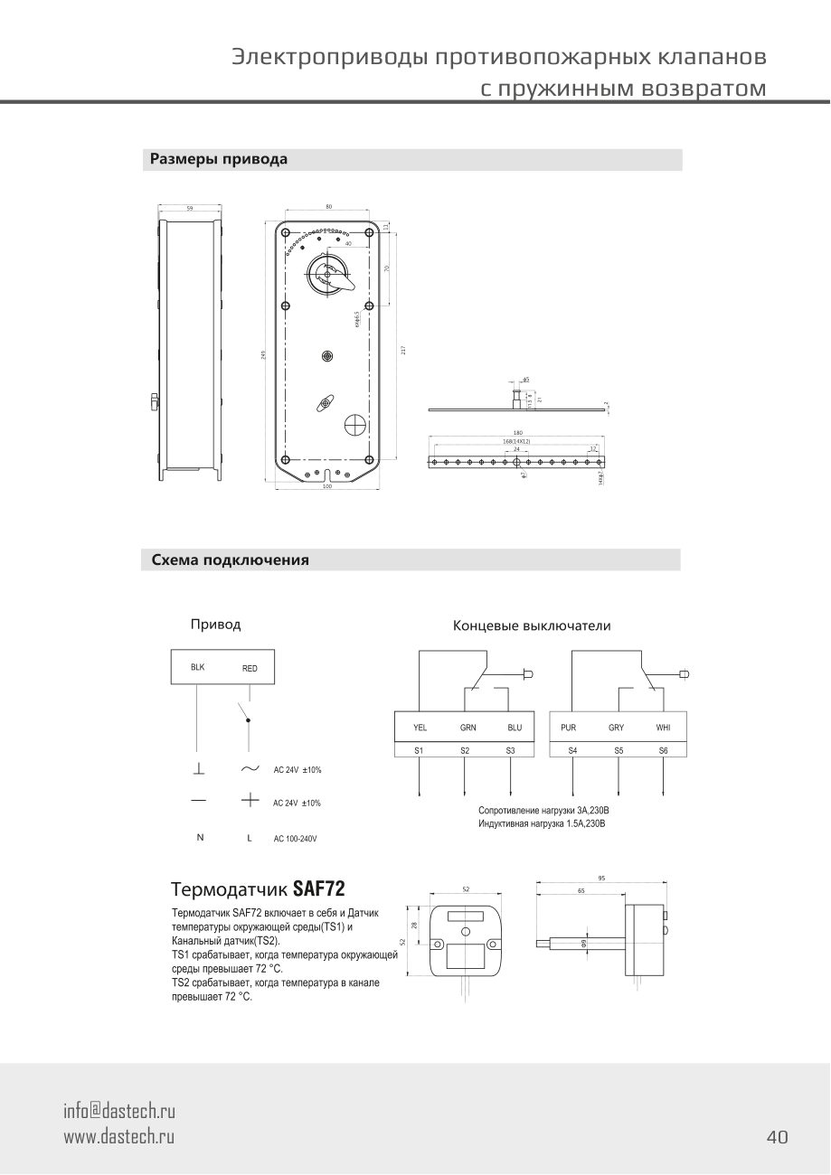 Размеры и схема подключения электропривода Dastech FR-20N24ST