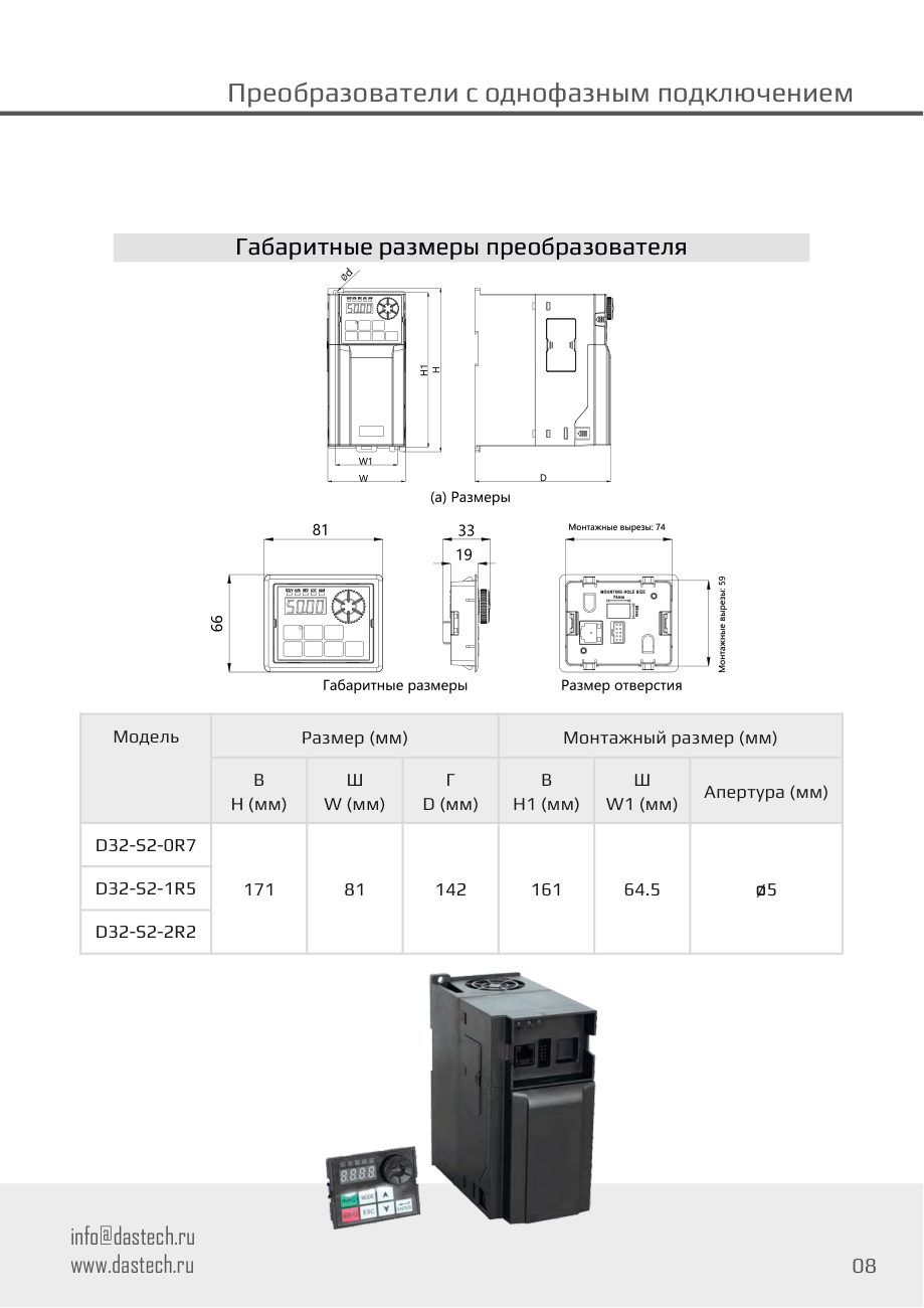 Габаритные и установочные размеры D32-S2 Dastech D32-S2-0R7